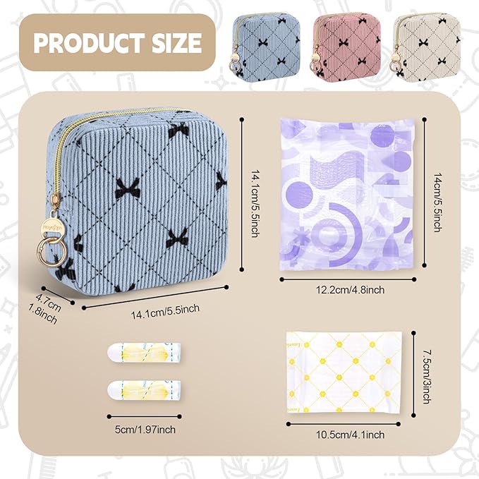 Period Bag for Teen Girls, Corduroy Sanitary Napkin Storage Bag, Cute Menstrual Pad Bag Tampon Holder for Purse (Black-Bow Tie)
