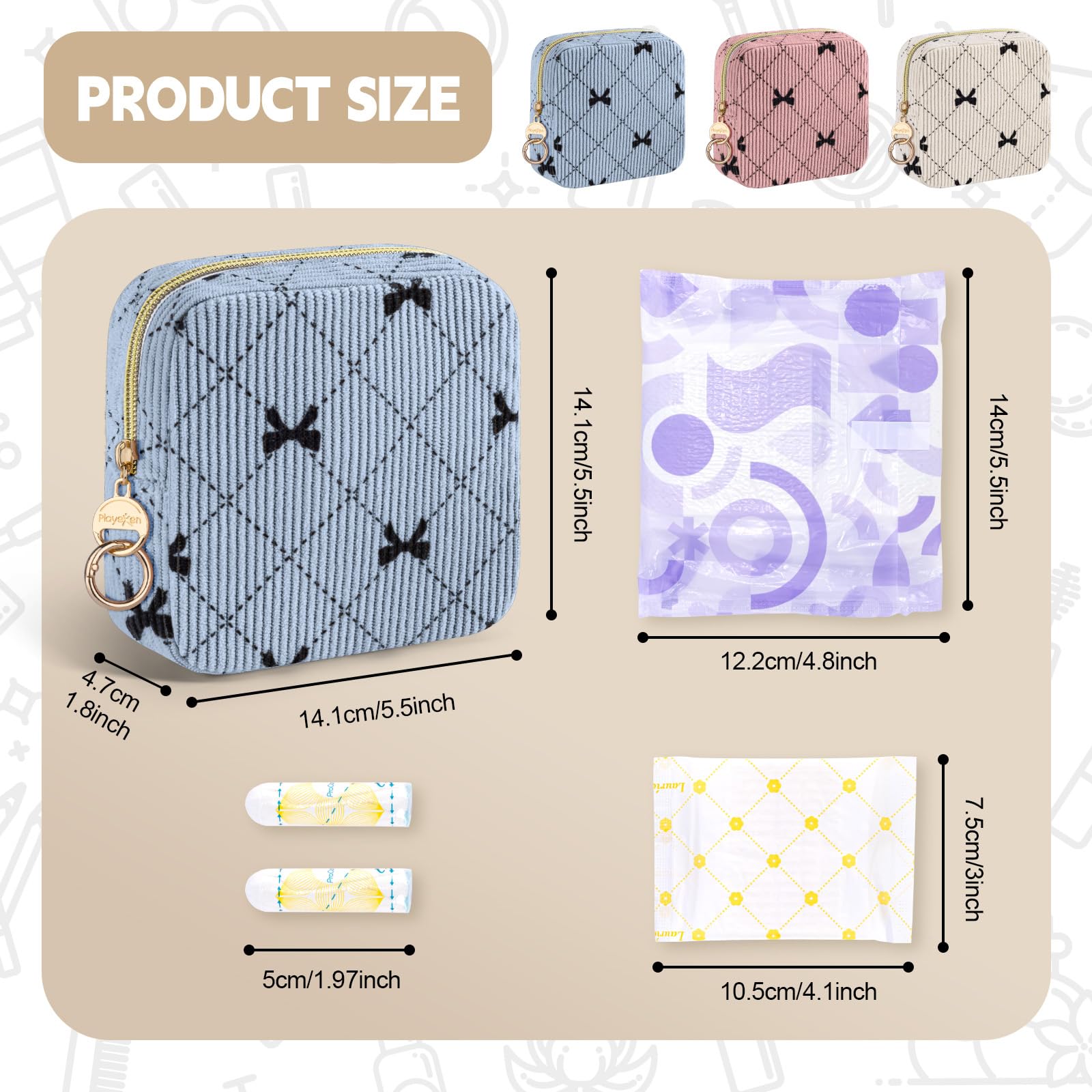 Playexen Period Bag for Teen Girls, Corduroy Sanitary Napkin Pouch, B-LBlue