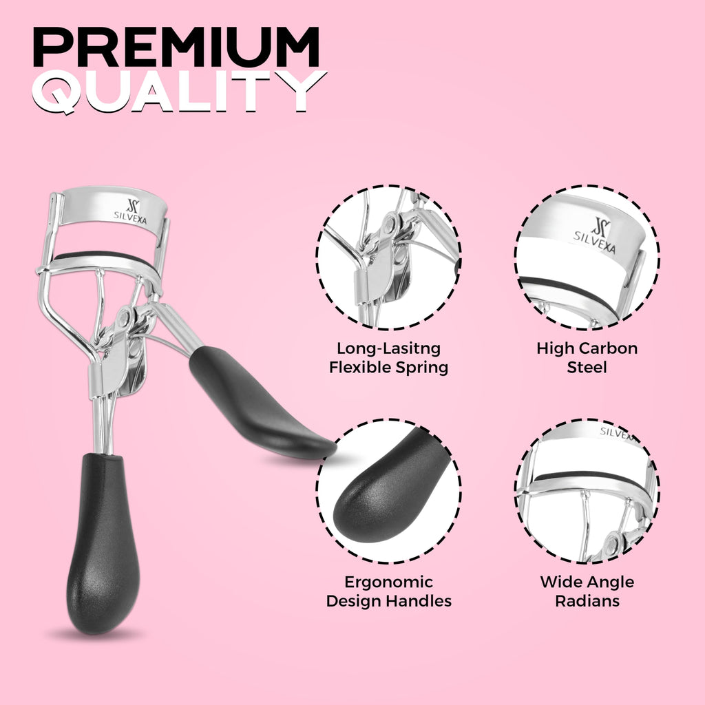 SILVEXA Eyelash Curler with Comfort Grip – Professional Stainless Steel Lash Curler with Soft Silicone Pads | No-Pinch, Long-Lasting Curl for All Eye Shapes | Ergonomic Handle Makeup Tool (Black)