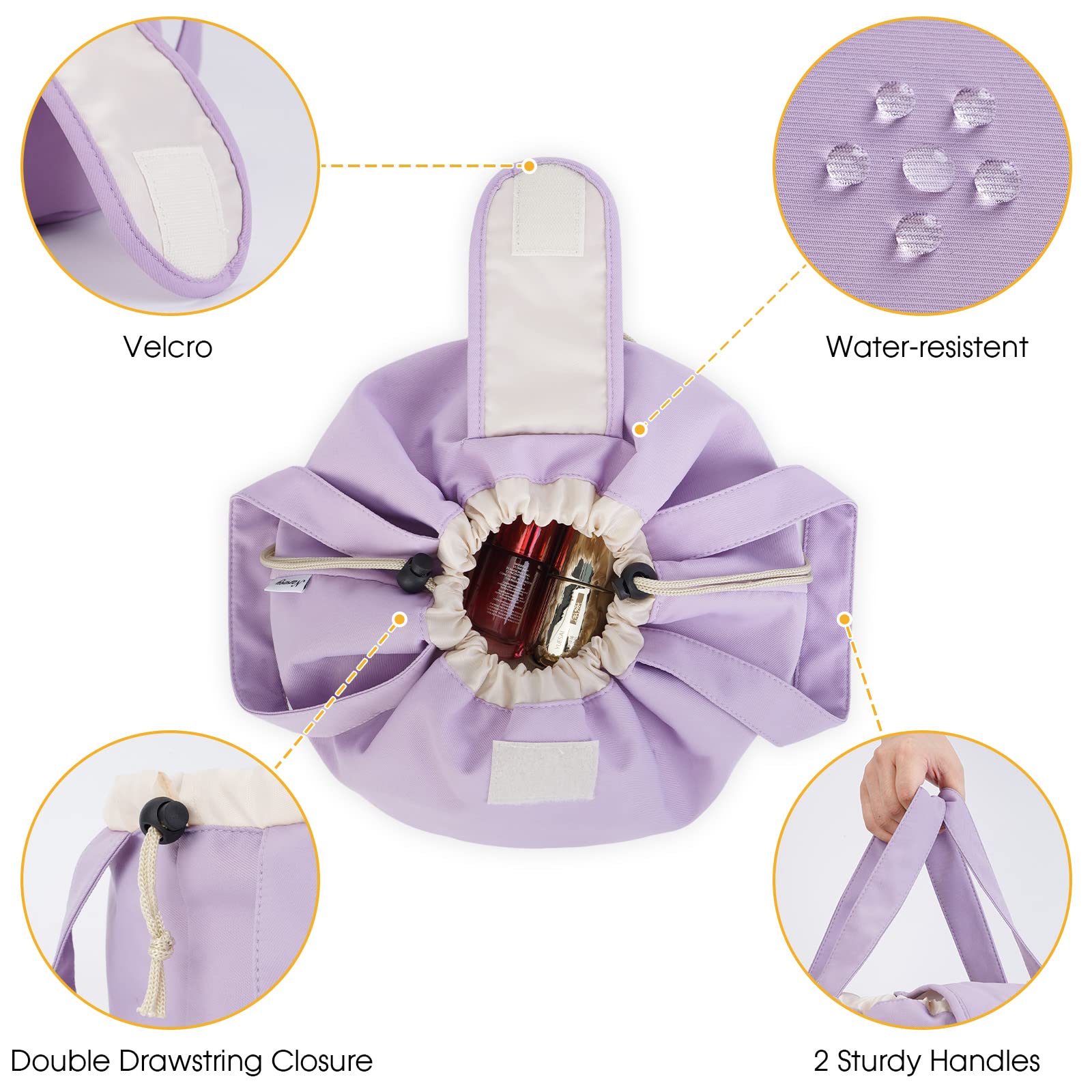 Narwey Barrel Drawstring Makeup Bag Large Cosmetic Bag Make up Bags Toiletry Bag Travel Bags for Toiletries Organizer for Women Gift for Teen Girls (Purple) (Patent)