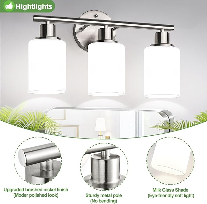 Zarbitta 3-Light Bathroom Light Fixtures, Brushed Nickel Vanity Light, Farmhouse Wall Lights with Milky White Frosted Glass Shades, Bathroom Wall Lamp for Mirror Kitchen Bedroom Hallway Living Room