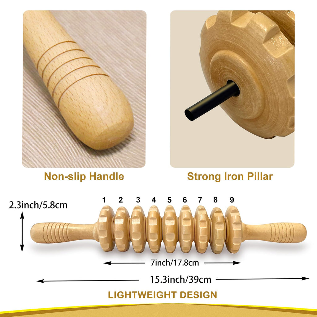 Deston Manual Massager Wooden Handheld Roller Trigger Point Massager Stick for Fascia, Cellulite, Muscle & Abdomen, Body Therapy Massager, Muscle Belly Relief Tool, Natural Wood