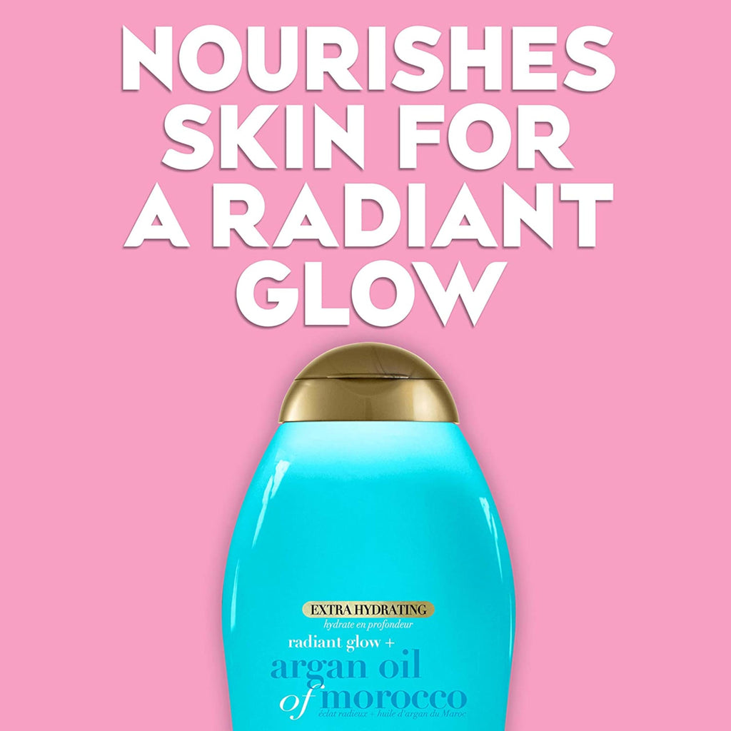 OGX Radiant Glow + Argan Oil of Morocco Extra Hydrating Body Wash for Dry Skin, Moisturizing Gel Cleanser for Silky Soft Skin, Body Wash for Women, Sulfate-Free Surfactants, 19.5 fl oz