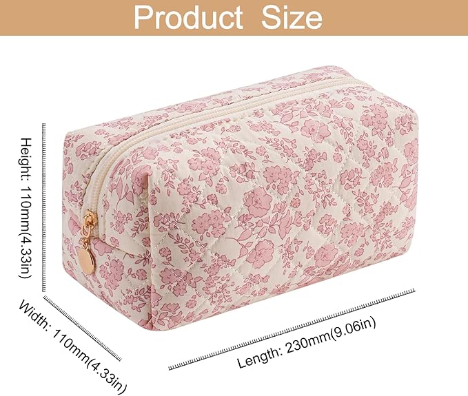 HHQQWZ Cute Square Floral Cotton Makeup Cosmetic Bag for Women Girls, Travel Quilted Zipper Make Up Bag, Square Flowers Organizer Case Kawaii Makeup Cosmetic Travel Cloth Pouch (Pink Floral)