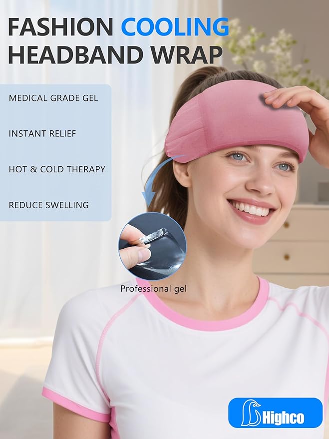 Multifunction Migraine Relief Cap,Soothing Headache Hat Ice Head Wrap,Cooling Gel Headband Neck Ice Wrap Cold Compress for Tension,Puffy Eyes,Stress,Hangover,Pink