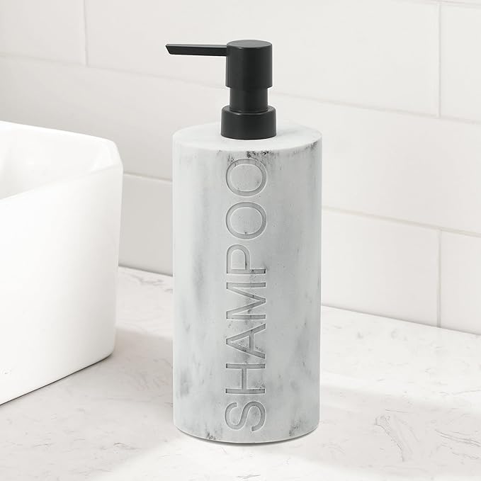 Indecor Home Resin White Marbled Shampoo Engraved Bottle Refillable Pump Dispenser, Durable Waterproof Construction for Bath, Shower - Resin White Marble - Matte Black Pump