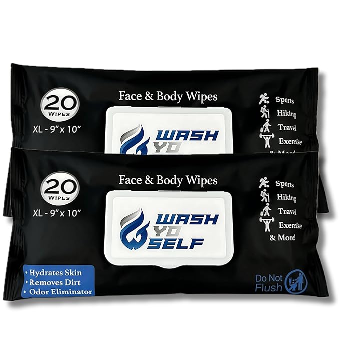 Wash Yo Self Body Wipes, 2 Resealable Snap-Lid Packs (20 XL Wipes Each), No-Rinse Face & Body Wipes for Adults & Kids, Unscented Wet Wipes for Home, Car, Gym, Camping & Travel, 40 Count