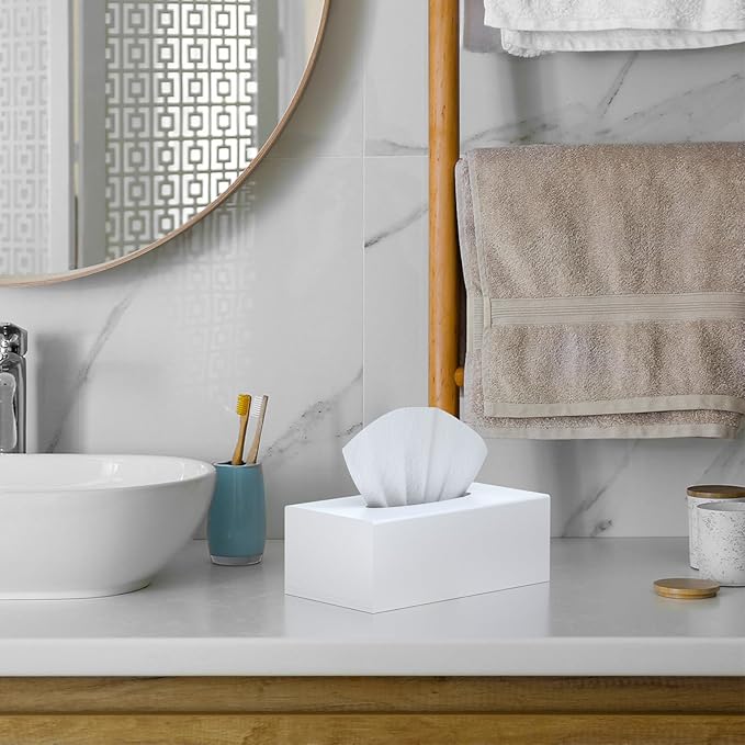 SILUT Tissue Box Cover Rectangle, Tissue Box Holder Decorative, Acrylic Tissue Box Cover, Stylish Tissue Holder for Bathroom, Home, Restaurant, Kitchen - Matte White