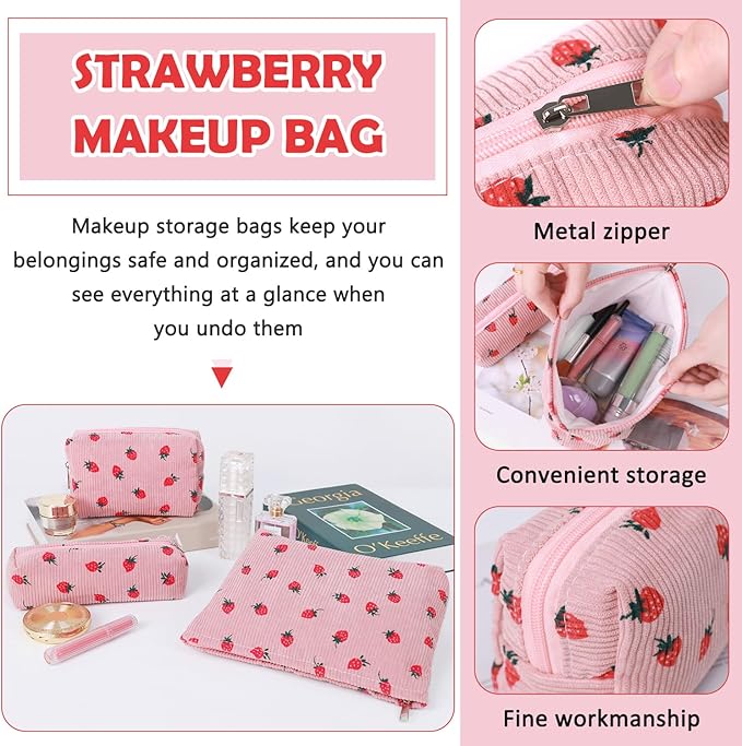 Gocvo 3 Pcs Makeup Bag Cosmetic Bag Set for Girls Women Travel Organizer Bathroom Toiletry Pouch Large Capacity Storage Bag (Strawberry Pink)