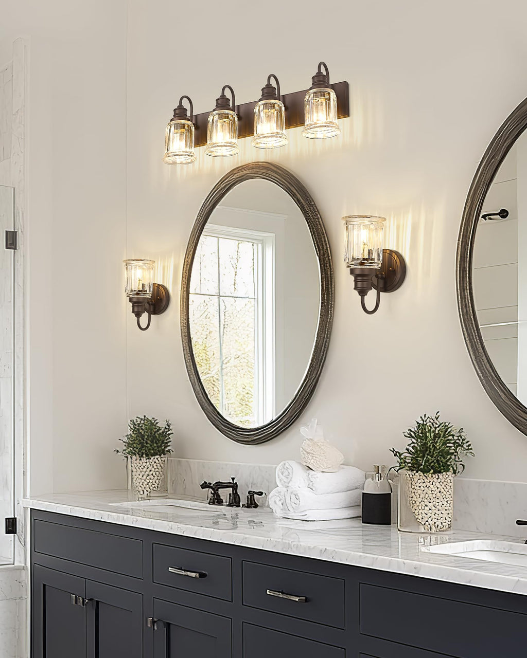 Bathroom Vanity Light - HWH 4-Light Vanity Lights for Bathroom Wall Mounted Light Fixtures Over Mirror, Oil Rubbed Bronze Vanity Light with Bell-Shaped Clear Glass, 5HZG106B-4W ORB
