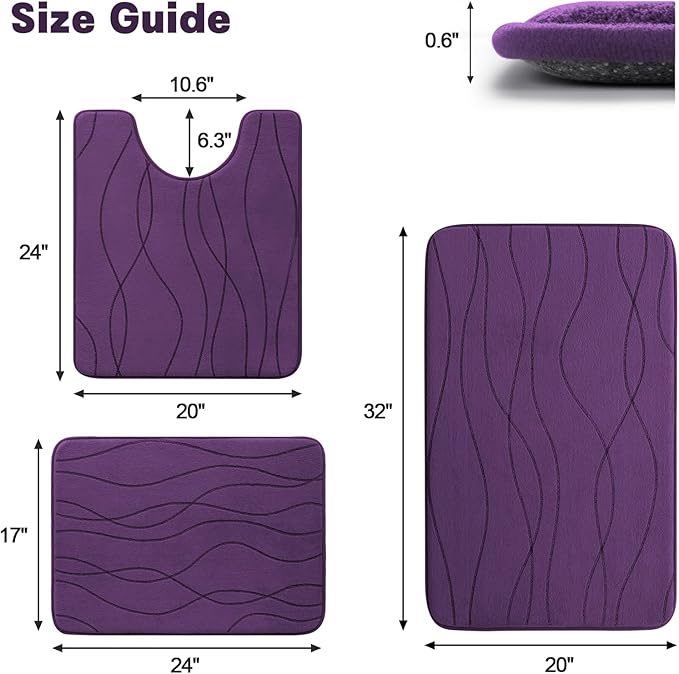 YIHOUSE Bathroom Rugs Set 3 Piece, Memory Foam Bath Mat Purple