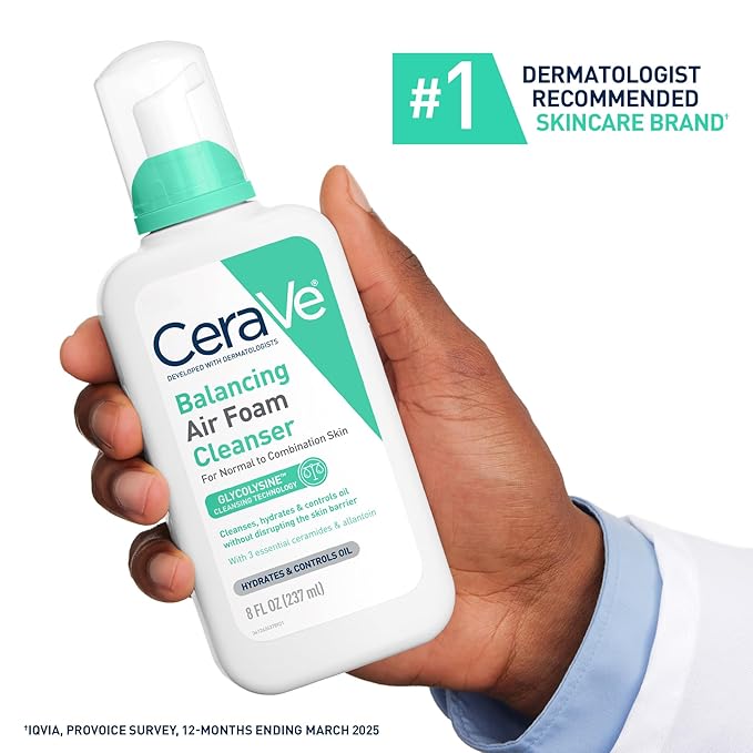 CeraVe Balancing Air Foam Face Wash, Foaming Facial Cleanser For Combination Skin, 8HR Oil Control + 24HR Hydration, Fragrance-Free & Non-Comedogenic, With Glycolysine™ & 3 Essential Ceramides, 8oz
