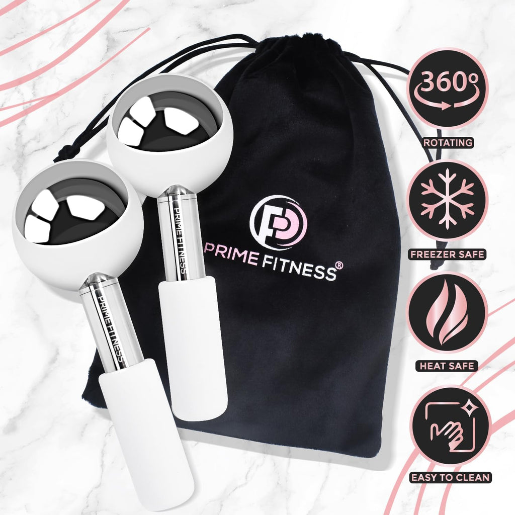 PRIME Fitness Ice Globes for Facials | Unbreakable Steel Cooling Roller | Cryo Sticks for Face | Massager for Face Neck & Eyes | Skin Care for Dark Circles, Puffiness, Wrinkles, (Silver)