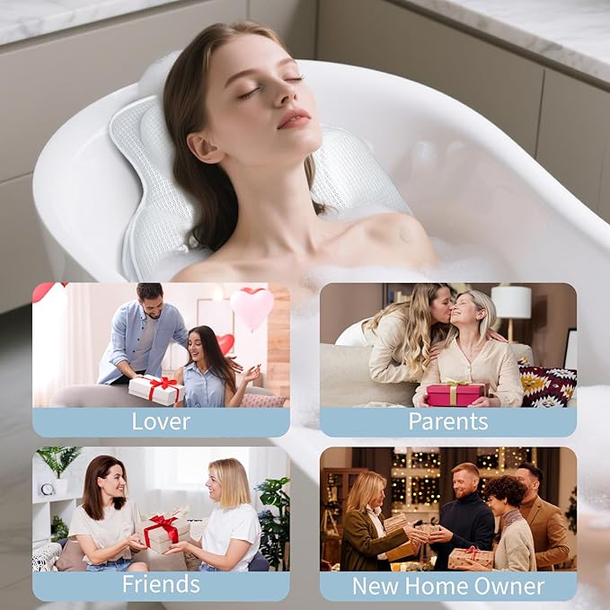 Wnfou Thickened Anti-Slip Bath Pillow for Tub, 88 Powerful Suction Cups, 5D Mesh Fabric, Ergonomic Head Neck Back Support, Quick Drying and Machine Washable, Luxury Spa Gift for Women
