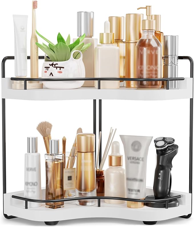 Aollewoiti 2-Tier Corner Bathroom Counter Organizer with Embedded Screw Holes, Secure & Stable Wood Vanity Shelf for Makeup and Skincare Essentials - Space Saving Bathroom Countertop Storage, White