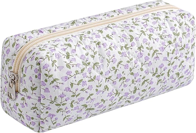 HHQQWZ Cute Floral Cotton Makeup Brush Cosmetic Bag for Women, Travel Quilted Zipper Make Up Bag, Flowers Toiletry Organizer Case Kawaii Makeup Cosmetic Travel Cloth Pouch (Purple Floral)