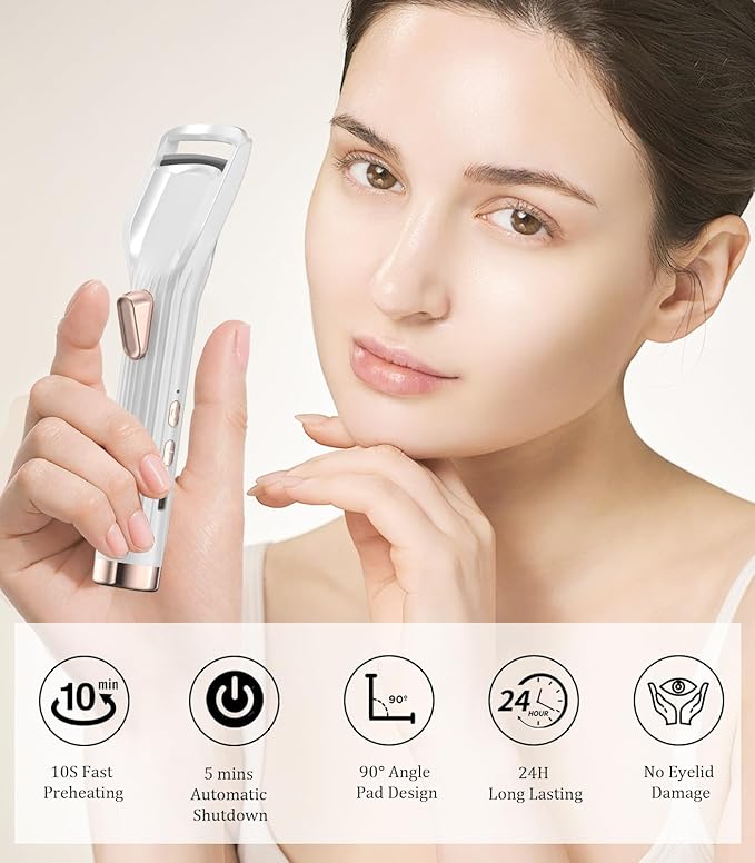 Heated Eyelash Curler Premium PRO - Fast Heat up in 8s - 24 Hours Long Lasting, White-HA