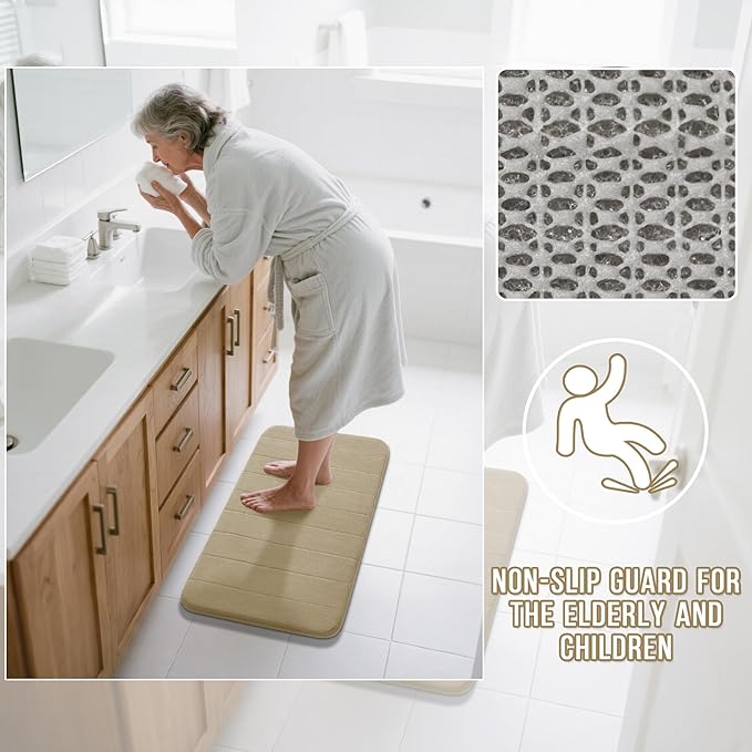Yimobra Memory Foam Bath Mat Set 2 Piece - Super Soft Absorbent Quick Dry Bathroom Toilet Rugs, Machine Washable Non Slip Floor Carpet for Tub Shower & Single Sink (31.5x20 & 24x20, Pale Khaki)