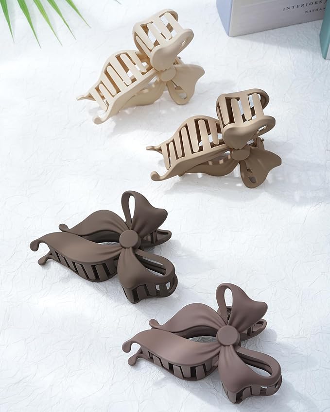 4 PCS Bow Hair Clips Bow Claw Clip for Women, Large Hair Claw Clips for Thin Thick Long Hair Cute Nonslip Bows (Dark khaki+light khaki+Dark Brown+Beige)