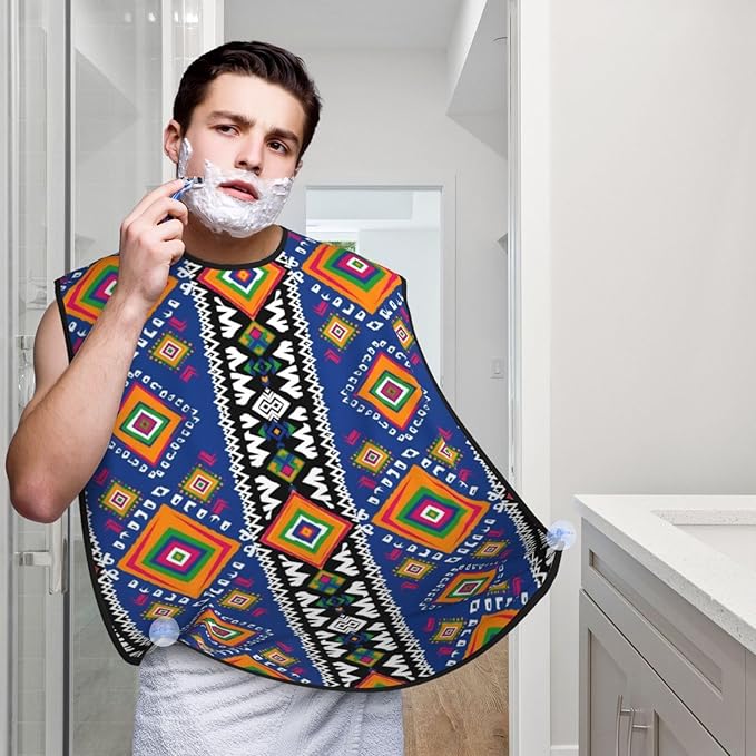 Strong Suction Cup Beard Grooming Bib, Non-Stick Hair Catcher, Waterproof, for Shaving, Geometric Tribal Native American Indian Ethnic Aztec Navajo