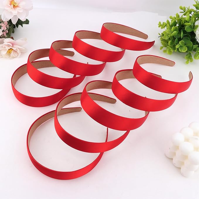 Wecoe 10 Pack Red Headbands 1 Inch Wide Glossy Satin Headbands Women Non Slip Fashion Plain Solid Head Bands DIY Valentine' s Day Christmas Hair Accessories for Women Girls Diademas Para Mujer