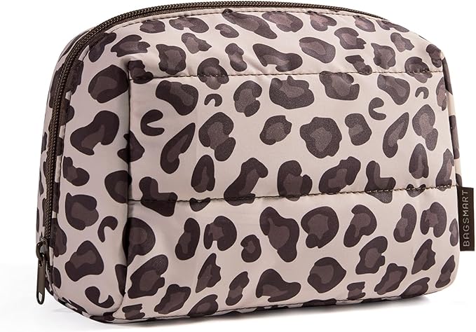 BAGSMART Puffy Makeup Bag, Wide Opening Cosmetic Organizer, Soft Water-Resistant Travel Toiletry Pouch for Women for Purse, Compact & Spacious