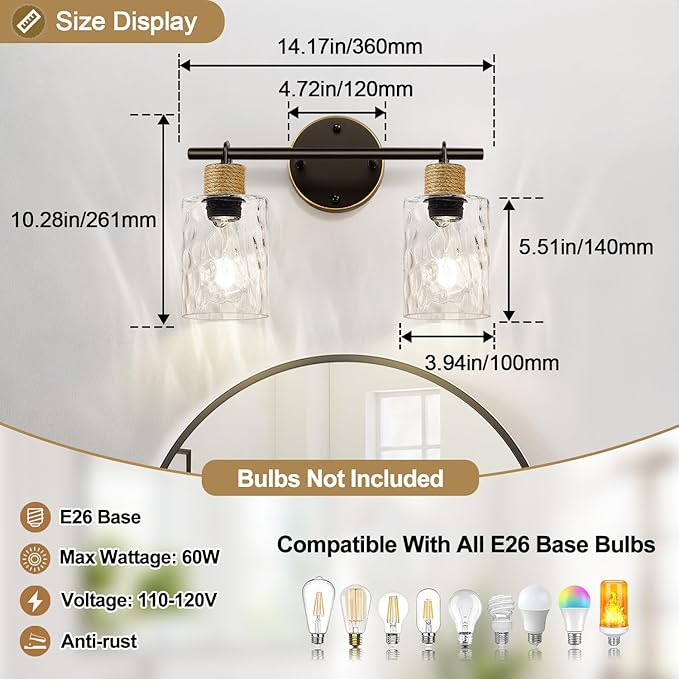 Bathroom Light Fixtures, 2-Light Coastal Vanity Lights with Crystal Glass Shade, Brown and Gold Bathroom Wall Lamp for Mirror Kitchen Hallway Cabinet