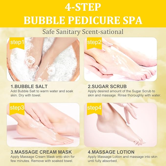 Pedicure Kit Foot Soak Set: Bubble Salt, Sugar Scrub, Massage Mask, Massage Lotion in a Box, 4 Step Foot Spa Kit for Dry Feet,Tired Feet (3 Set Milky Flower)