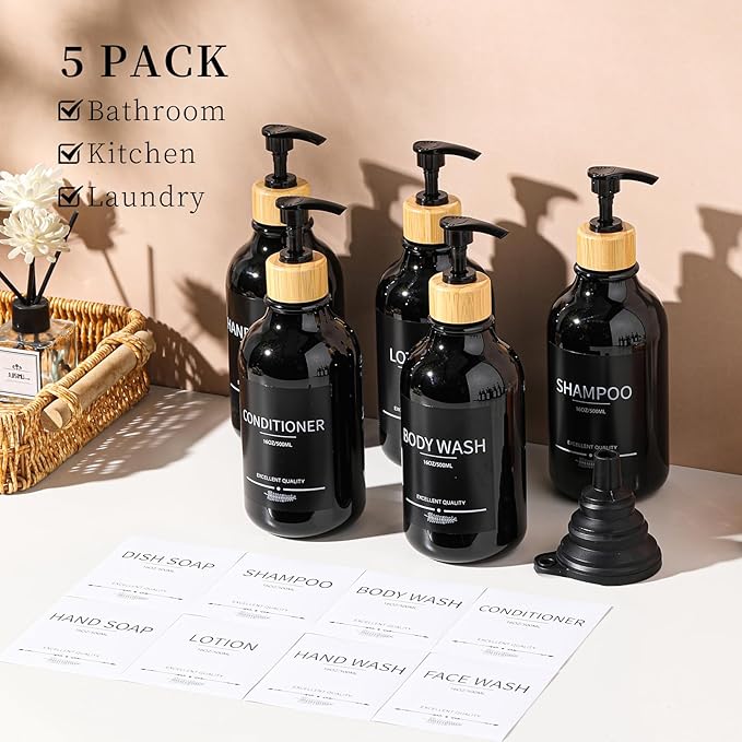 Mithrgrous Shampoo and Conditioner Dispenser Bottles,5Pack Dispenser Bottles Refillable,16.9oz Shower Containers for Conditioner,(Black) Bathroom Shampoo Dispenser Set