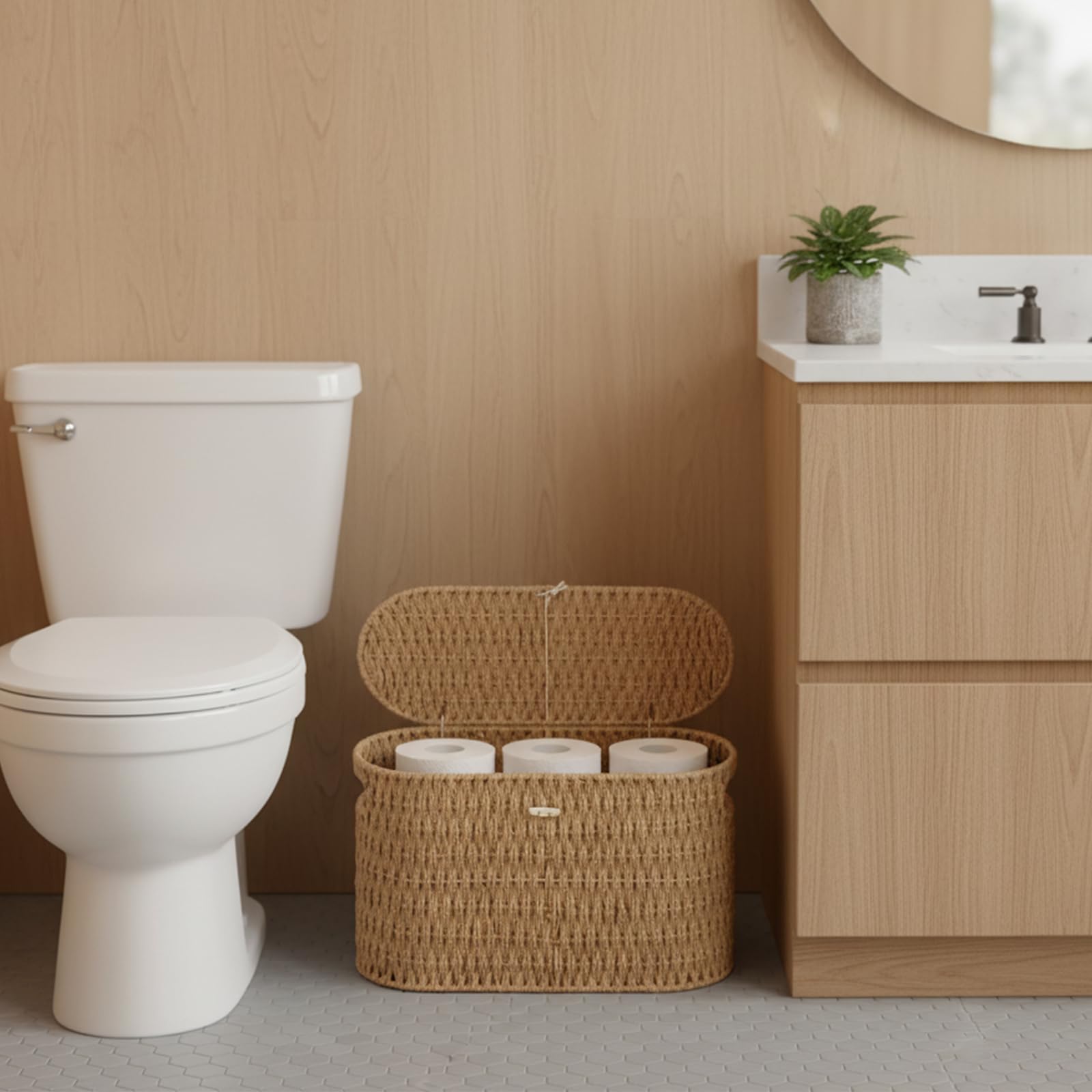 Coeusy Toilet Paper Storage Basket with Lid, Paper Rope Wicker Basket for Bathroom Organizers and Storage, Toilet Paper Holder for Up to 6 Mega Rolls, Boho Hand-Woven Decorative Decor, Natural