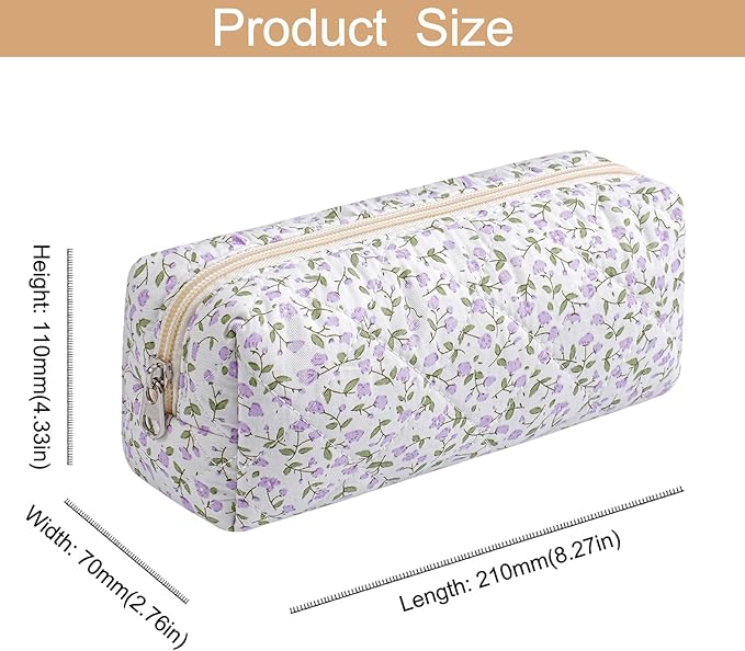 HHQQWZ Cute Floral Cotton Makeup Brush Cosmetic Bag for Women, Travel Quilted Zipper Make Up Bag, Flowers Toiletry Organizer Case Kawaii Makeup Cosmetic Travel Cloth Pouch (Purple Floral)