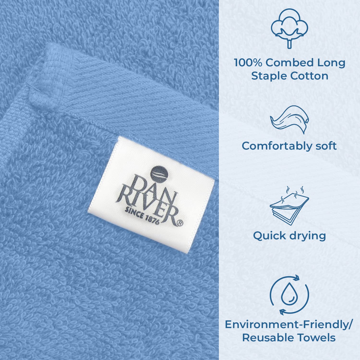DAN RIVER 600 GSM Cotton Large Bath Towels Set of 4, 27 x 54 Inches, M-Blue