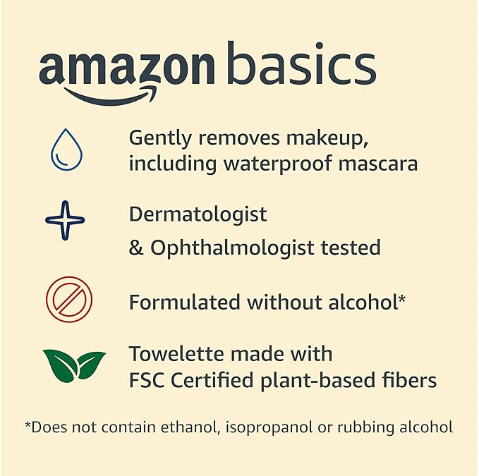 Amazon Basics Makeup Remover Wipes, Gentle Cleansing, Dermatologist Tested, Original, Plant Based, Alcohol-Free, Removes Waterproof Mascara, pH Balanced, 25 Count, 6-Pack