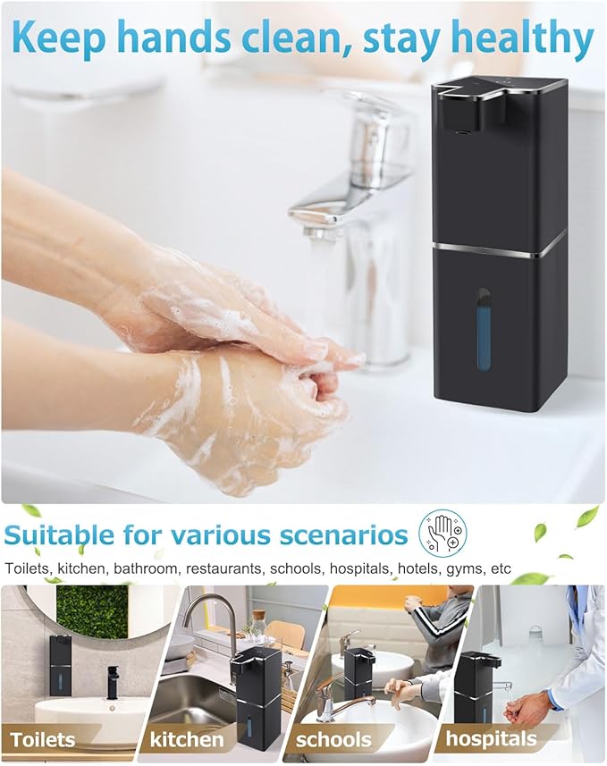 JEMISUN Automatic Foaming Soap Dispenser Touchless 380ml/12.8oz Rechargeable Hand Soap Dispenser Wall Mounted 4 Levels Adjustable Foam Soap Pump for Bathroom Kitchen Dish Soap