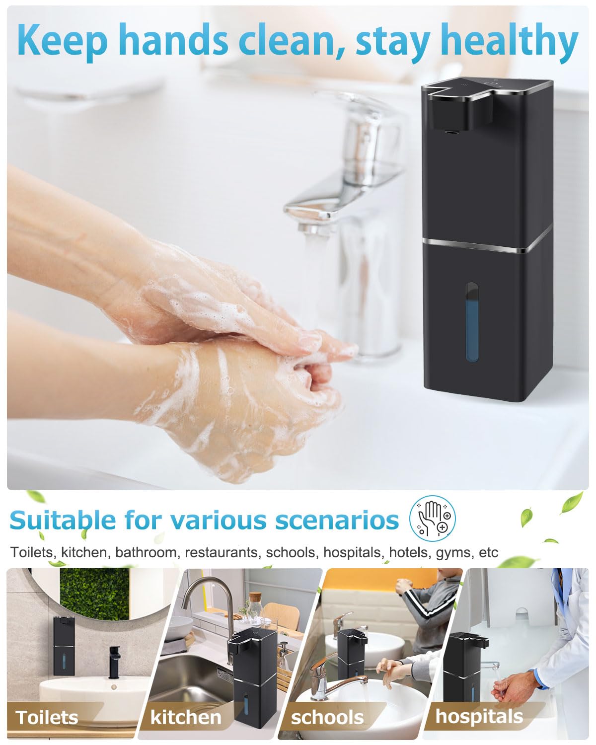 JEMISUN Automatic Foaming Soap Dispenser Touchless 380ml/12.8oz Rechargeable Hand Soap Dispenser Wall Mounted 4 Levels Adjustable Foam Soap Pump for Bathroom Kitchen Dish Soap