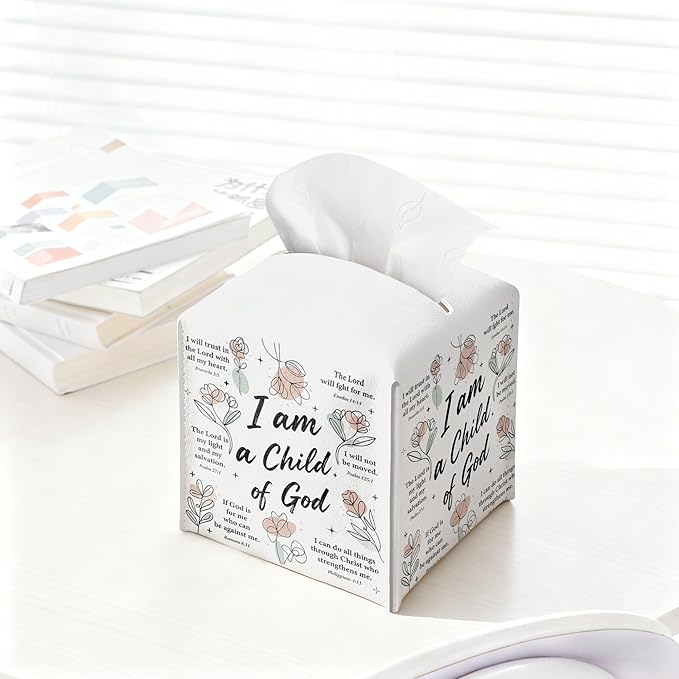 Inspirational Christian Tissue Box Cover Square, Religious Bible Verse Leather Tissue Box Holder, Religious Gifts for Women, Paper Facial Tissue Box Covers Cube for Office Bathroom Home