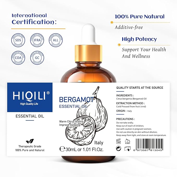 HIQILI Bergamot Essential Oil for Skin, Diffuser & Hair