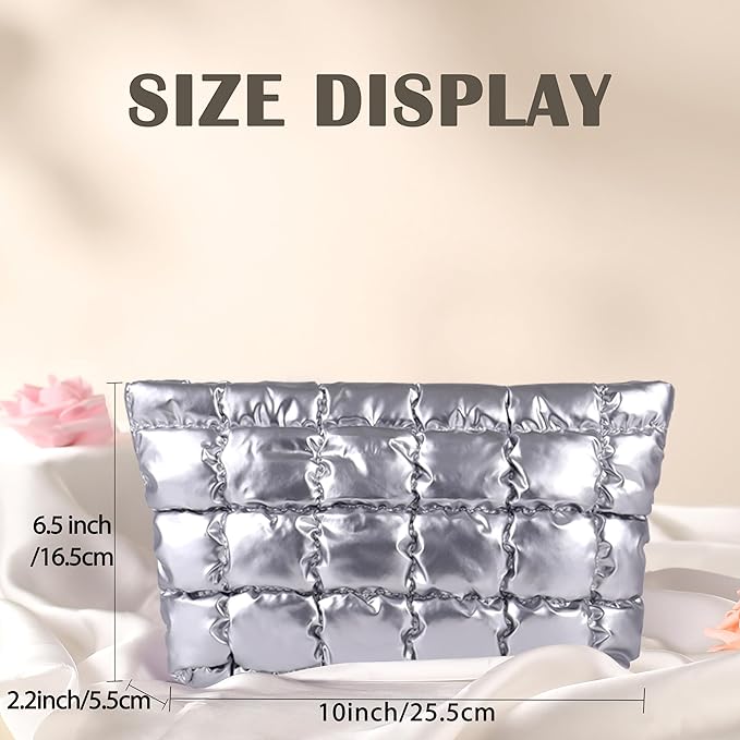 HFLZBRO Puffy Quilted Makeup Bag, Cosmetic Bag, Travel Toiletry Organizer Pouch, Clutch for Women (Silver)