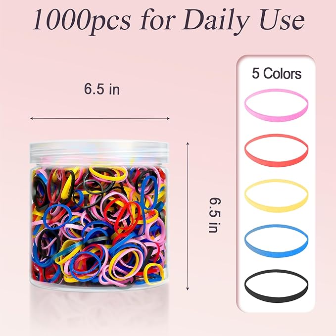 1000pcs Mini Hair Rubber Bands, Soft & Durable Plastic Elastic Hair Ties for Little Girls, Stretch Ponytail Ties for Kids Hairstyles and Braids