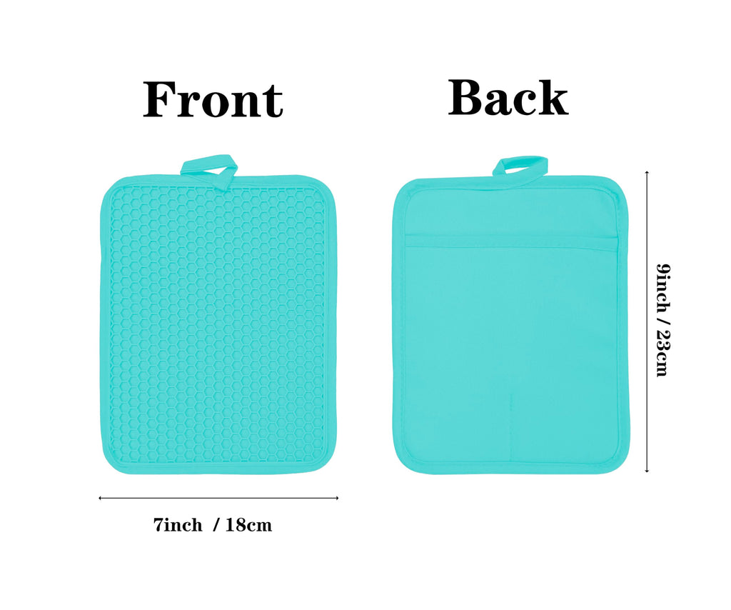 VEIKERY Oven Pot Holder with Pocket Cotton Heat Resistant Coaster Potholder Kitchen Hot Pad Oven Mitts for Cooking and Baking Square 7"x9" (Aqua, Silicone)