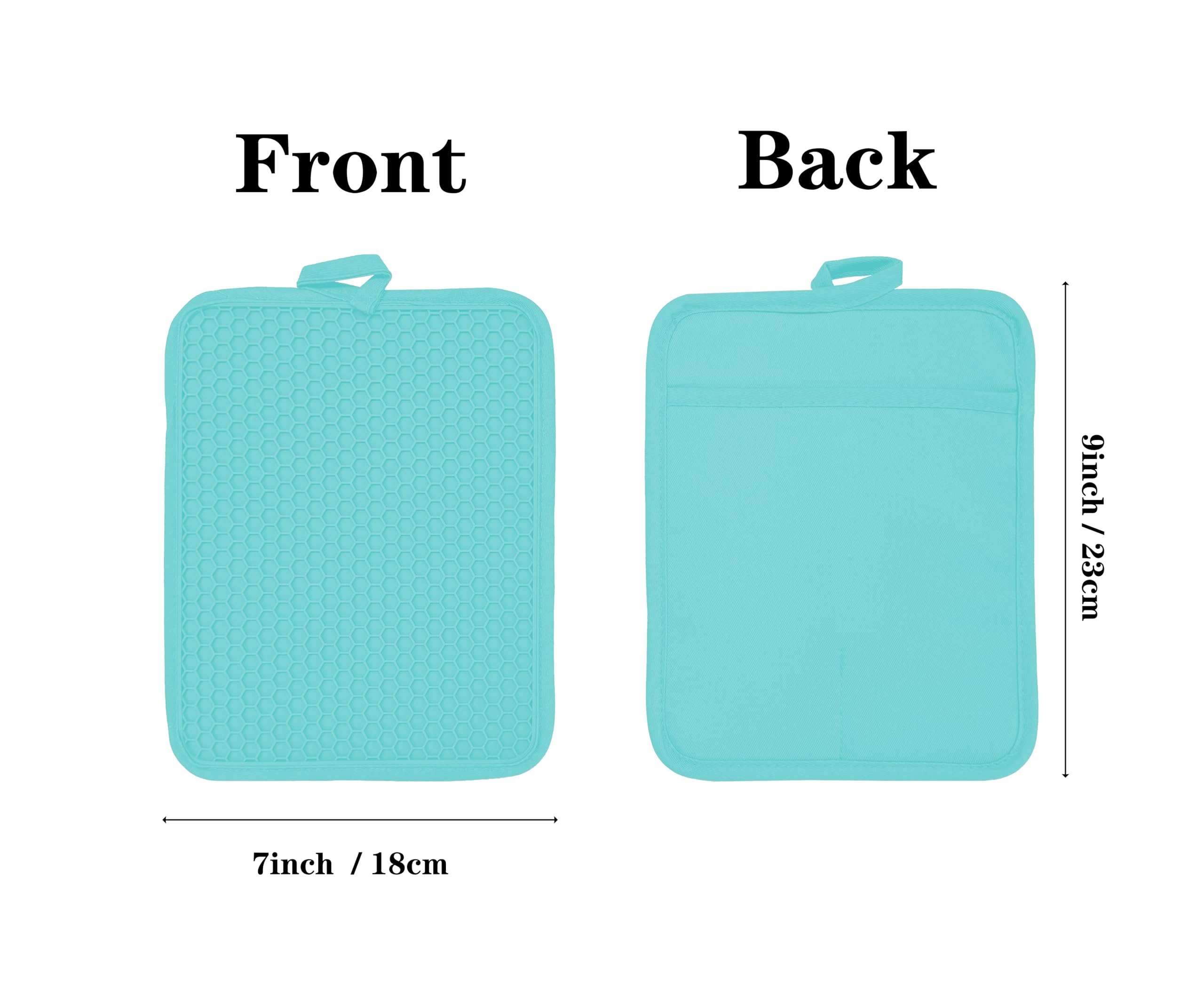 VEIKERY Oven Pot Holder with Pocket Cotton Heat Resistant Coaster Potholder Kitchen Hot Pad Oven Mitts for Cooking and Baking Square 7"x9" (Aqua, Silicone)
