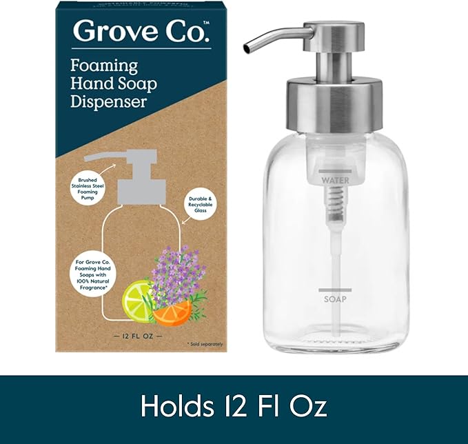 Grove Co. Foaming Soap Dispenser Set, 2 x 12oz Glass Bottles, Reusable