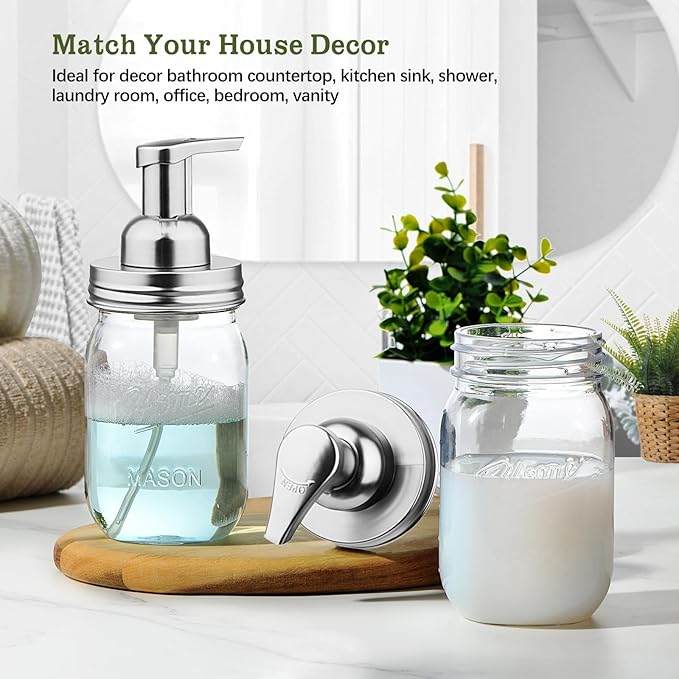 Amolliar Mason Jar Foaming Soap Dispenser Lids, Plastic Foam Pump Lids for Regular Mouth, Foaming Replacement Pump Set, Farmhouse Kitchen BathroomShower, Includes Waterproof Stickers - 4 Pack, Silver