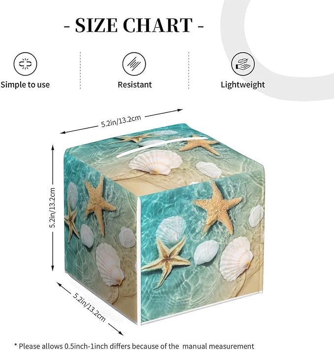Sea Shell Tissue Box Cover Leather Tissue Box Holder Square Facial Paper Organizer Dispenser for Bathroom Kitchen Bedroom Vanity Countertop Night Stands