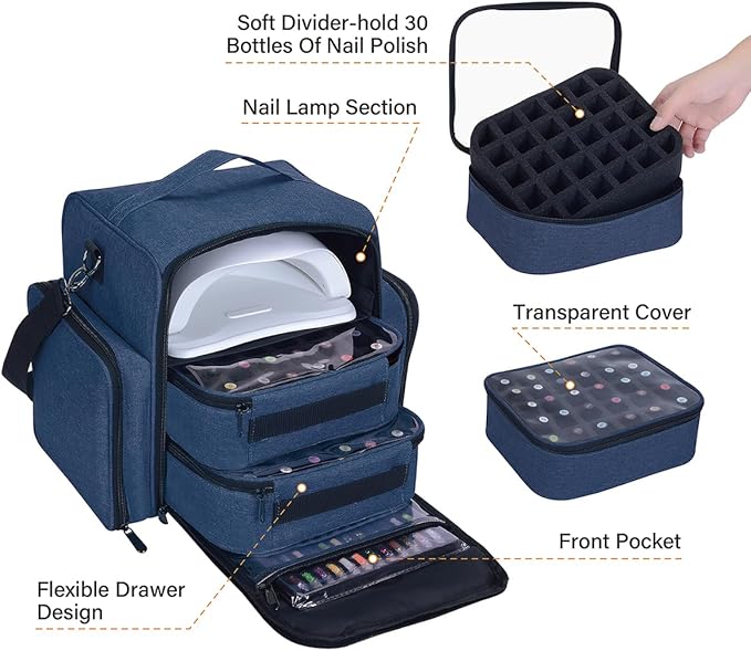UOZL Nail Polish Organizer Case Hold 60 Bottles with 2 Detachable Bag,Blue