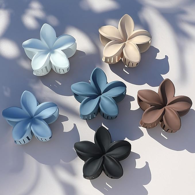 Sisiaipu Hair Clip, 6 Pcs Large Plumeria Flower Claw Clips for Thick Medium Hair - Blue Brown Beach Hair Accessories for Women and Girls