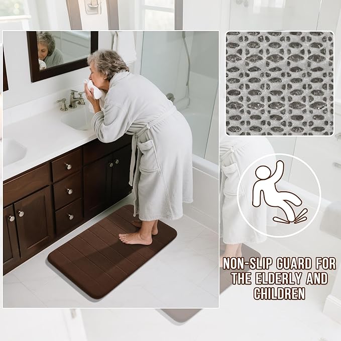 Yimobra Memory Foam Bathroom Rugs Sets 2 Piece - Super Soft Absorbent Quick Dry Bath Mat Set, Machine Washable Non Slip Floor Carpet for Tub Shower & Single Sink (17x24 & 31.5x20 Inch, Brown)