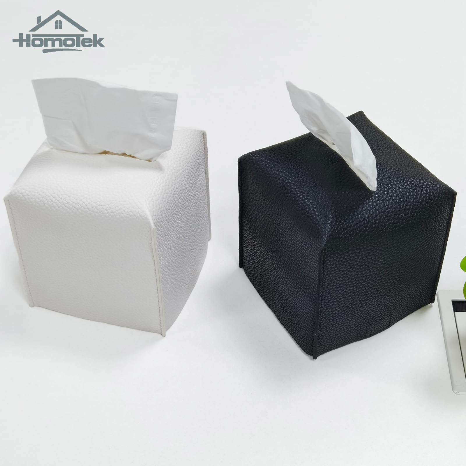 HOMOTEK 2 Pack Tissue Box Cover, Square PU Leather Tissue Holder, Decorative Facial Tissue Cube Paper Organizer Dispenser for Bathroom, Night Stands, Desk, Car 5X5X5'' - Matte Black, Pebble Grain