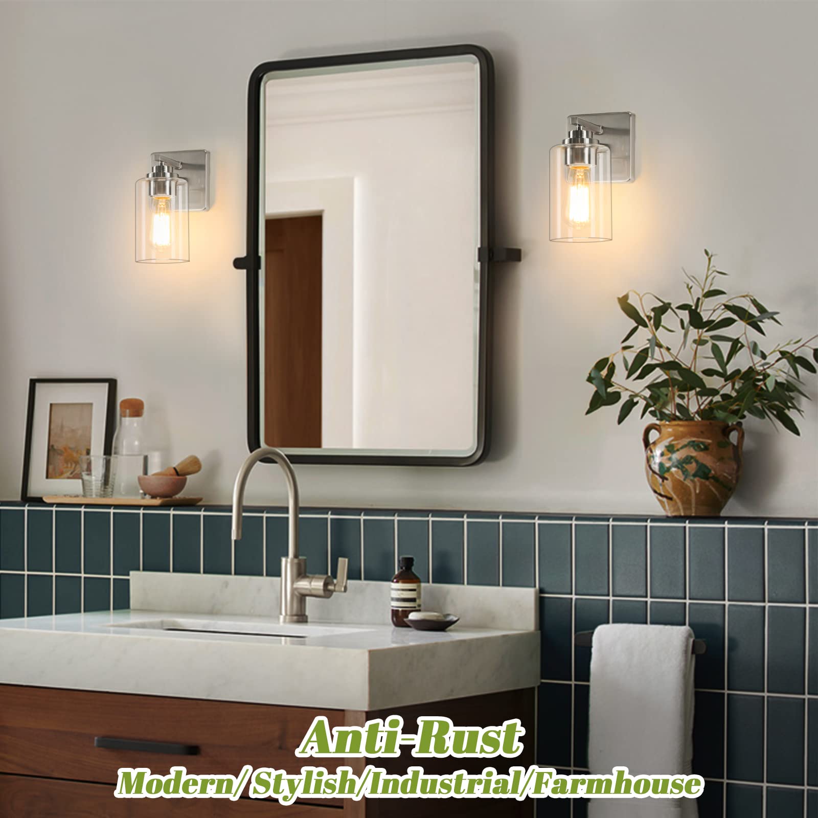 Set of 2 Wall Sconces for Bathroom, Brushed Nickel Vanity Light Fixtures