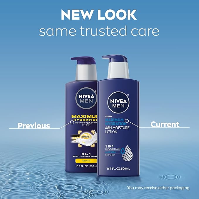 NIVEA MEN Maximum Hydration 48-Hour Moisture Body Lotion for Dry Skin, Aloe Vera Lotion for Men, 3-in-1 Body, Face and Hands, Dermatologically-Tested, 16.9 Fl Oz Bottle